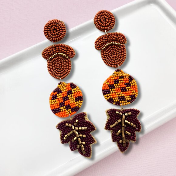 Oak Trees & Acorns Fall Autumn Theme Seed Beaded Embroidered Earrings - Picture 2 of 3